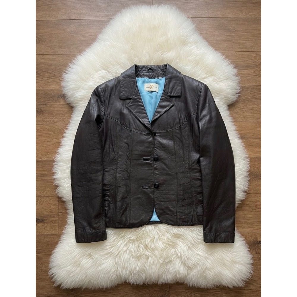 Wilsons Leather Womens Black Genuine Leather Blazer Jacket L Turquoise Lining